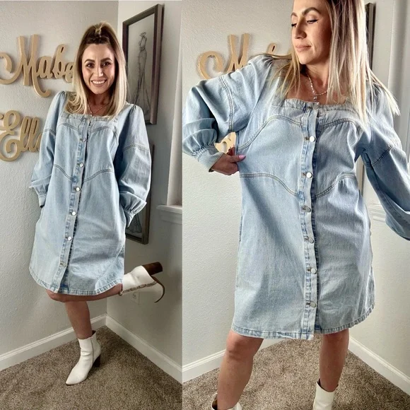 BiBi | Dresses | Bibi Western Boho Light Wash Denim Long Sleeve Button  Front Dress Size Medium | Poshmark